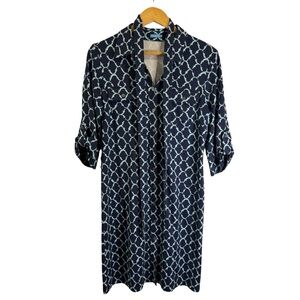 J. McLaughlin women's navy  Belted patterned shirtdress Womens M
